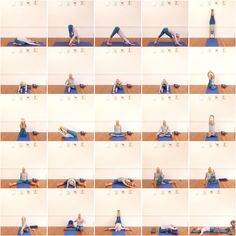 a series of photos showing people doing yoga poses in various positions, including one on the floor