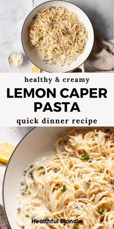 the recipe for lemon caper pasta in a skillet