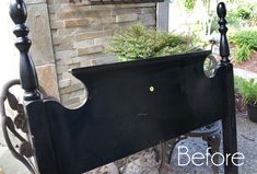 a black bed frame with a planter on it and the words before written in white