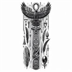 an egyptian tattoo design with feathers and symbols