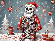 a skeleton sitting on top of a snow covered ground next to christmas decorations and gifts