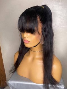 wigs will bangs Fringe Straight Lace Front Human Hair Wig. 180% density. We make our wigs from the best quality human hair.. no shedding no tangles. 18inches wig with bangs comes with 2X4 lace closure and 13x4 lace frontal 10 and 12 inches has no lace Color 1b ready to ship pre-plucked. Condition is New with tags. Shipped with usps Human Hair Wigs With Bangs, Bangs Fringe, Human Wigs, Beautiful Wigs, Lace Front Human Hair, Bouncy Curls, Wig With Bangs, Long Black Hair, Half Up Half Down Hair