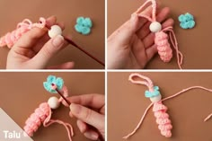 crocheted items being made with yarn and beads in four different stages to be used for knitting