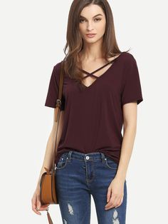 Burgundy Casual Collar Short Sleeve Fabric Plain  Embellished High Stretch Summer Women Tops, Blouses & Tee Maroon Top, Black Tees, Mode Inspiration, Outfits Casuales, Casual T Shirts, Look Fashion, Passion For Fashion, Criss Cross, Summer Women