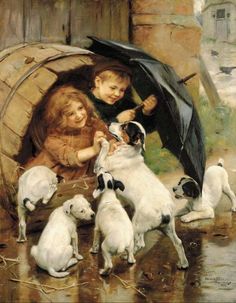 a painting of two children with dogs and an umbrella