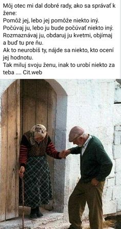 an old man and woman standing next to each other in front of a door with the caption