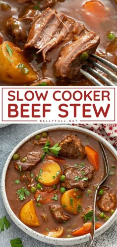 beef stew with potatoes and carrots in a white bowl next to the recipe for best ever slow cooker beef stew