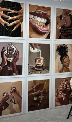 the wall is decorated with pictures of women's nails and jewelry