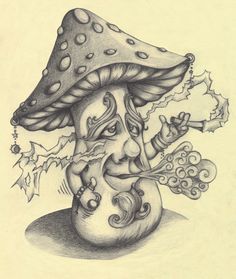 a drawing of a man with a mushroom on his head