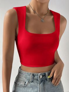 Red Casual Collar  Knitted Fabric Plain Tank Embellished Medium Stretch  Women Clothing Basic Crop Tops, Strappy Tank Top, White Crop Tank, White Crop Top Tank, Cami Shirt, Solid Tank Tops, Summer Streetwear, Strappy Tank Tops, Y2k Clothing