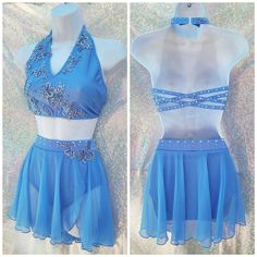 two pictures of a woman wearing a blue dress and halter top with sequins on it