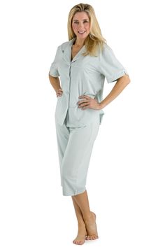 Women's pajama capri set - pajamas - ecofabric; organic cotton / bamboo Casual Short Sleeve Sets With Button Closure, Summer Sleepwear With Button Closure And Short Sleeves, Stretch Short Sleeve Sleepwear, Loungewear Sets With Short Sleeves And Button Closure, Short Sleeve Loungewear Sets With Button Closure, Summer Stretch Sets For Daywear, Spring Sleepwear With Stretch And Short Sleeves, Spring Stretch Sleepwear With Short Sleeves, Spring Sleepwear Short Sleeve Stretch