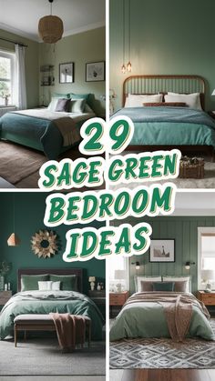 the green bedroom is decorated in shades of teal and brown, with text overlay that reads 20 sage green bedroom ideas