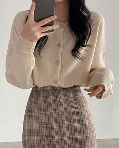 Feb 1, 2021 - This Pin was discovered by Cecilia. Discover (and save!) your own Pins on Pinterest Soft Beige Aesthetic Outfits, Plain Cardigan, Conservative Outfits, Cute Skirt Outfits, Korean Girl Fashion, Aesthetic Outfit, Autumn Outfit, Cute Skirts, Korean Outfits