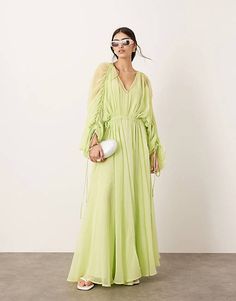 ASOS EDITION extreme chiffon gathered waist maxi dress in apple green | ASOS Green Shop, Apple Green, Embellished Dress, Dress Ideas, Green Fashion, Dress Details, Bridesmaid Dress, Everyday Look, Occasion Wear