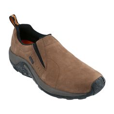 Enjoy reliable comfort with every step when you wear the Merrell Jungle Moc Nubuck Waterproof Slip-On Shoes for Men. Waterproof nubuck-leather uppers seal out the elements, while breathable mesh linings keep feet comfortable as you put on the miles. Compression-molded EVA frames and air cushions in the heels cushion and support. Molded nylon shanks for stability. M Select FIT.ECO blended EVA footbeds sport organic odor control, ensuring feet feel fresh, even after long days on your feet. Rugged Rugged Slip-on Waterproof Hiking Boots, Slip-on Leather Shoes With Vibram Sole For Outdoor, Slip-on Waterproof Boots With Vibram Sole For Outdoor, Rugged Waterproof Slip-on Boots With Vibram Sole, Slip-on Waterproof Hiking Boots With Vibram Sole, Mens Shoes Boots, Nubuck Leather, Good Brands, Slip On Shoes