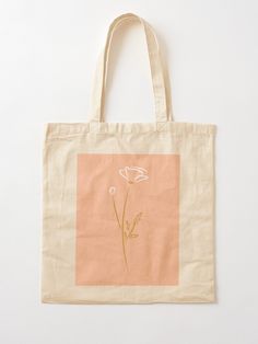 Tan Tote Bag, Summer Tote Bag, Poppy Drawing, Pink Tote Bag