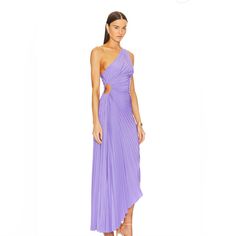 Size 4 The Delfina Dress, A Part Of A.L.C.'S Signature Collection, Is Asymmetrically Draped And Pleated. This One-Shoulder Silhouette Features A Confident Side Cutout And High-Low Hem. Worn Once. Chic Lavender Midi Dress For Evening, Purple Pleated Maxi Dress, Lavender Sleeveless Dress For Gala, Purple Maxi Evening Dress For Summer, Summer Gala Dresses With Asymmetrical Hem, Asymmetrical Summer Evening Dress For Gala, Asymmetrical Maxi Dress For Summer Dinner, Asymmetrical Evening Dress For Summer Gala, Summer Asymmetrical Maxi Dress For Dinner