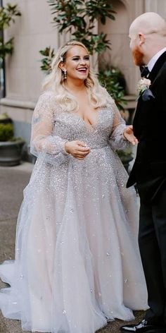 Long Sleeve Beaded Plus Size Wedding Dress - daisystyledress Boho Wedding Dress With Sleeves, Plus Wedding Dresses, Wedding Dresses A, Plus Size Wedding Dress, Plus Size Wedding Gowns, Plus Size Bride, Aline Wedding Dress, Curvy Bride, Plus Size Gowns