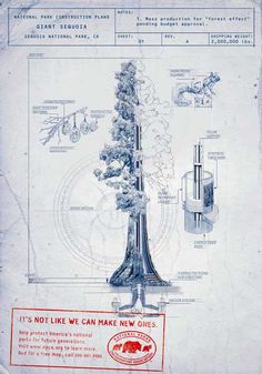 a blueprint drawing of a tower with trees on top and other things around it