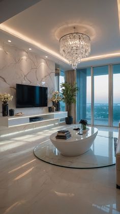 a living room with large windows and a chandelier