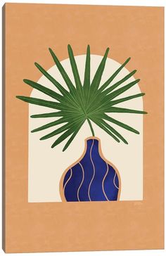 a painting of a blue vase with a green plant in it's center on an orange background