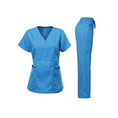 Dagacci Medical Uniform Scrub Woman junior style missy Fit Y-Neck Top, Contrast binding top and cargo pockets pants Size: XXS.  Color: Blue.  Gender: unisex.  Age Group: adult. Pockets Pants, Medical Uniforms, Womens Scrubs, Scrub Sets, Pocket Pants, Blue Gender, Scrubs, Binding, Age Group