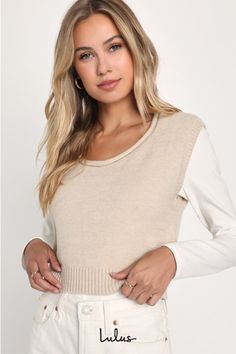 From the office to the every day, we never get tired of the clean vibes of the Lulus Minimal Aesthetic Beige Sleeveless Scoop Neck Sweater Top! Soft and stretchy knit shapes this top that will easily become a wardrobe essential. Sleeveless bodice has a relaxed fit, with a scoop-style neckline with a trendy rolled hem. Ribbed knit accents the armholes and the cute cropped hem. Fit: This garment fits true to size. Length: Size medium measures 18.5" from shoulder to hem. Bust: Great for any cup siz Clean Vibes, Scoop Neck Sweater, Lulu Fashion, Minimal Aesthetic, Rolled Hem, Sleeveless Sweater, Cropped Sweater, Wardrobe Essentials, Neck Sweater