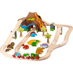 a wooden toy train set with dinosaurs and volcano