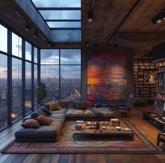 a living room filled with lots of furniture and large windows overlooking the cityscape