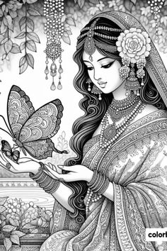 a beautiful woman holding a butterfly in her hand and looking down at it's wings