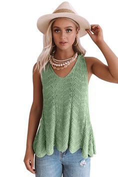 Green Flowy Scalloped Hemline Knit Tank Top Green Crochet Top With Pointelle Knit, Green Open Knit V-neck Top, Green Pointelle Knit Top For Summer, Casual Green Crochet V-neck Top, Casual Green V-neck Crochet Top, Tank Top Women, Knit Tank Top, Knit Tank, V Cuts