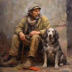 a painting of a man sitting next to a dog with a cane in his hand