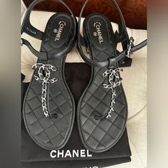 New With Box & Dust Bag. Authentic Chanel Black Thong Heeled Sandals In Size 40. Designer Black Toe Post Sandals, Luxury Toe Post Sandals, Designer Black Sandals With Single Toe Strap, Thong Sandals Outfit, Chanel Thong Sandals, Silver Sandals Heels, Chanel Heels, Dad Sandals, Chanel Slingback