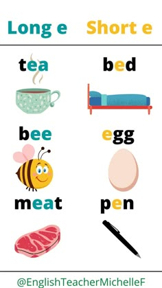 an english worksheet with the words long e, short e, bed, egg, meat, pen