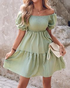 Size: S,M,L,XL;Style:Casual,ChicType:A LineMaterial:PolyesterNeckline:Off the ShoulderSleeve Style:Short SleeveLength:MiniPattern Type:PlainDecoration:Frill Hem,Ruffles,ShirredFit Type:RegularOccasion:Daily,VacationPackage Include:1* DressFabric... Dress Night Out, Loose Dresses, Ribbed Bodycon Dress, Shirred Dress, Chic Type, Night Out Dress, Black Bodycon Dress, Daily Dress, Plus Dresses