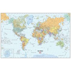 a large world map with all the countries and major cities on it's sides