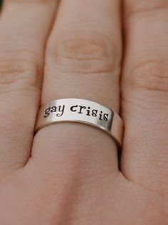 "Copy and paste into your browser, get 15% off ➔ https://bit.ly/VD15OFF I'm having a proper full on gay crisis right now! DETAILS: -Each ring is hand stamped -Ring is Sterling Silver, Fine Silver, or Gold Filled -6mm in thickness You will receive one hand-stamped ring filled with a black enamel finish. **Every item is handmade, this means that each will be unique and may not look EXACTLY like the picture, but it will look very similar ➡ORDER PROBLEMS If there are any problems with your order ple Relatable Notes, Gay Rings, Gay Jewelry, Gay Pride Jewelry, Pride Jewelry, Gay Gifts, Stamped Ring, Hand Stamped Ring, Pride Jewellery