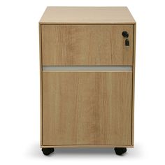 a wooden cabinet with wheels on the front and bottom, sitting against a white background