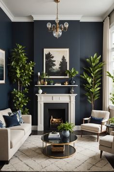 a living room filled with furniture and a fire place in front of a painting on the wall