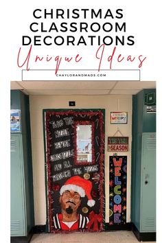 a classroom door decorated with christmas decorations and an image of a man in a santa hat