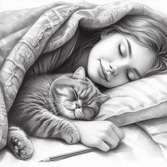 a pencil drawing of a woman sleeping with her cat