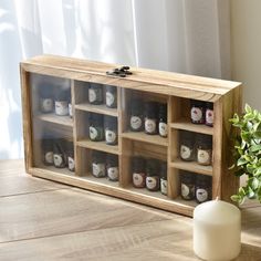 a wooden shelf filled with lots of jars next to a potted plant on top of a table