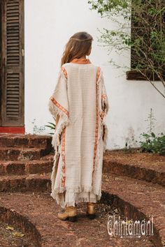 zoom Bohemian Beige Wrap Shawl, Bohemian Long Shawl For Festivals, Bohemian Shawl Cape For Summer, Long Bohemian Shawl For Festivals, Bohemian Cape Shawl For The Beach, Bohemian Beige Poncho Cape, Bohemian Long Sleeve Handloom Kaftan, Bohemian Poncho Cape For Vacation, Bohemian Beach Kaftan Cape