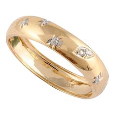 Diamond Studded Celestial Ring in 18kt Solid Yellow Gold Ring Size 7.5 | Chairish Hallmarked Diamond Stackable Rings, Yellow Gold Engraved Diamond Ring With Accents, Yellow Gold Couple Rings With Diamond Accents, Celestial Ring, Yellow Gold Ring, Solid Yellow, Diamond Studs, Yellow Gold Rings, Band Ring