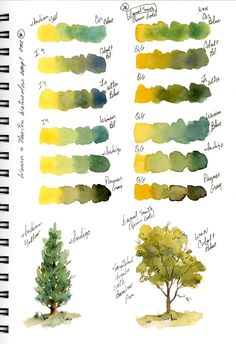 some watercolors are being used to paint trees