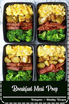 four black plastic containers filled with different types of food and broccoli on top of a marble counter