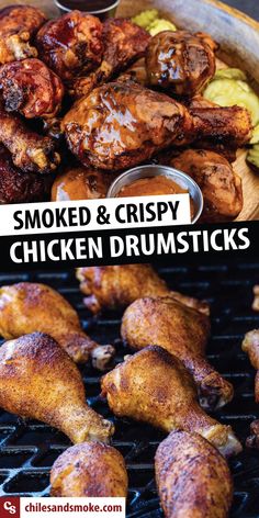 grilled chicken drums with text overlay that reads smoked and crispy chicken drums