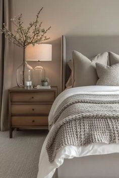 Turn your bedroom into a relaxing retreat with these beige and grey design ideas. Discover the perfect combination of soothing neutrals that bring an effortlessly chic vibe. Explore stylish decor, furniture layouts, and color schemes to achieve the ideal harmony of calm and elegance. Whether you lean toward minimalist designs or love eclectic details, let these inspiring pins guide you in creating a stunning beige and grey bedroom that radiates warmth and style. Bedding Set With Grey Headboard, Bedroom Ideas For Beige Bed, Grey Bed Furniture Ideas, Light Gray And Beige Bedroom, Bedroom Ideas Grey And Beige, Master Bedrooms Grey Bed, Light Gray Wall Bedroom, Colors That Go With Gray Bedroom, Bedding With Gray Headboard