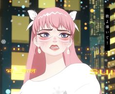 an anime character with pink hair and blue eyes in front of a cityscape